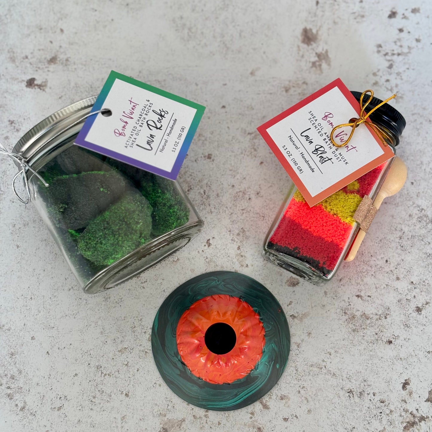 Bath time play set with handmade, natural bath dust and bath bomb rocks