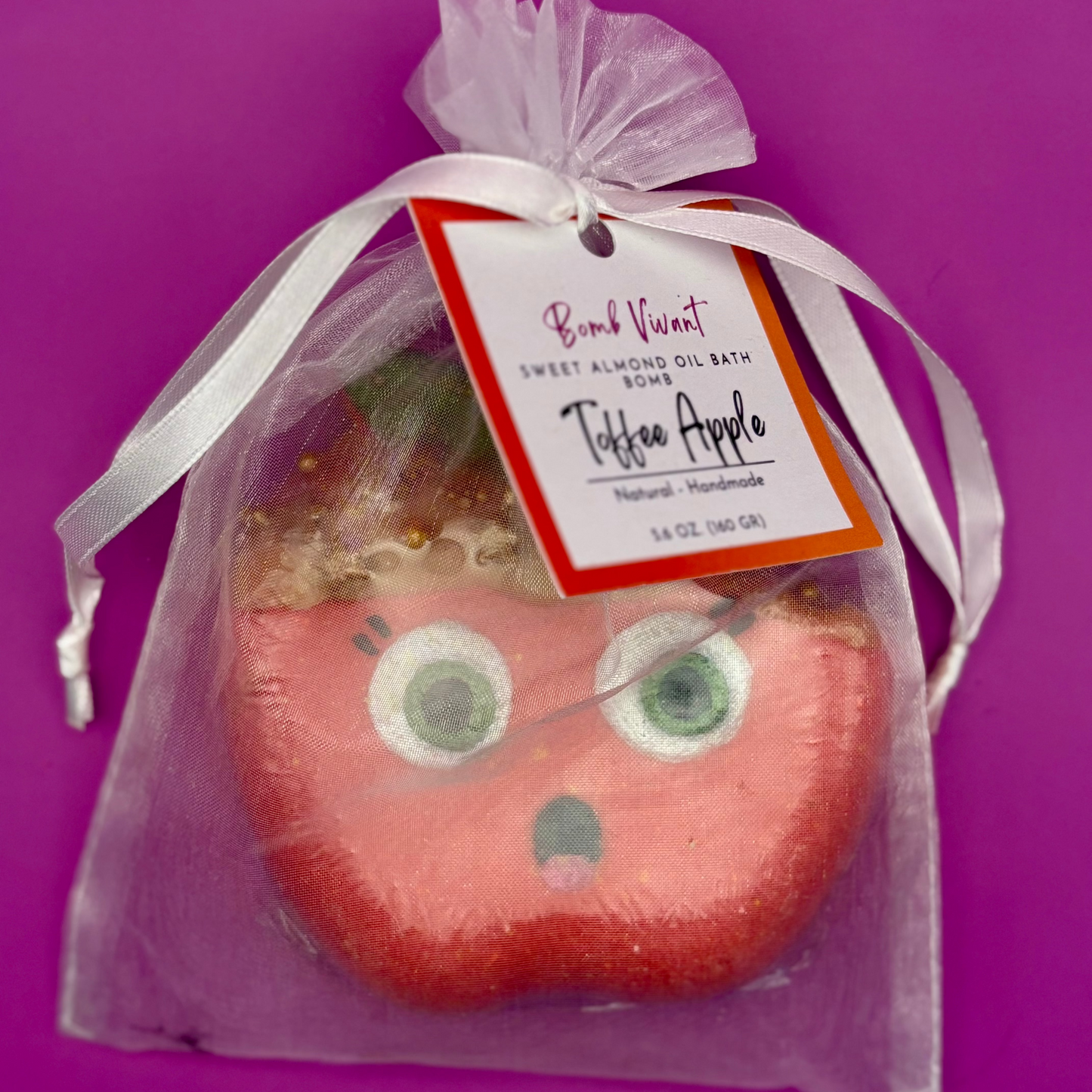 handmade, natural toffee apple bath bomb